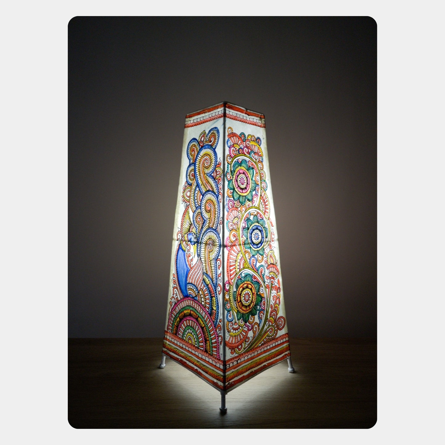 tholu bommalata lamp – peacock & flowers (16" - rectangular)