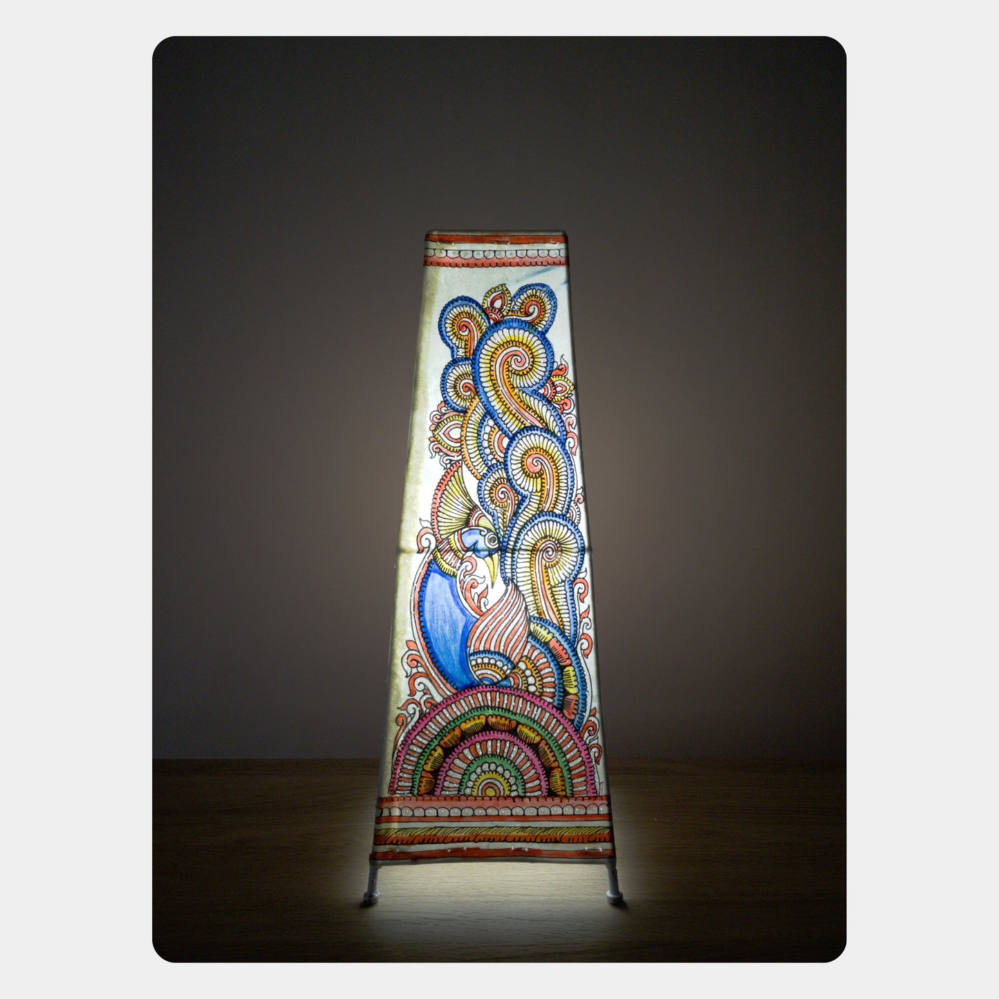 tholu bommalata lamp – peacock & flowers (16" - rectangular)