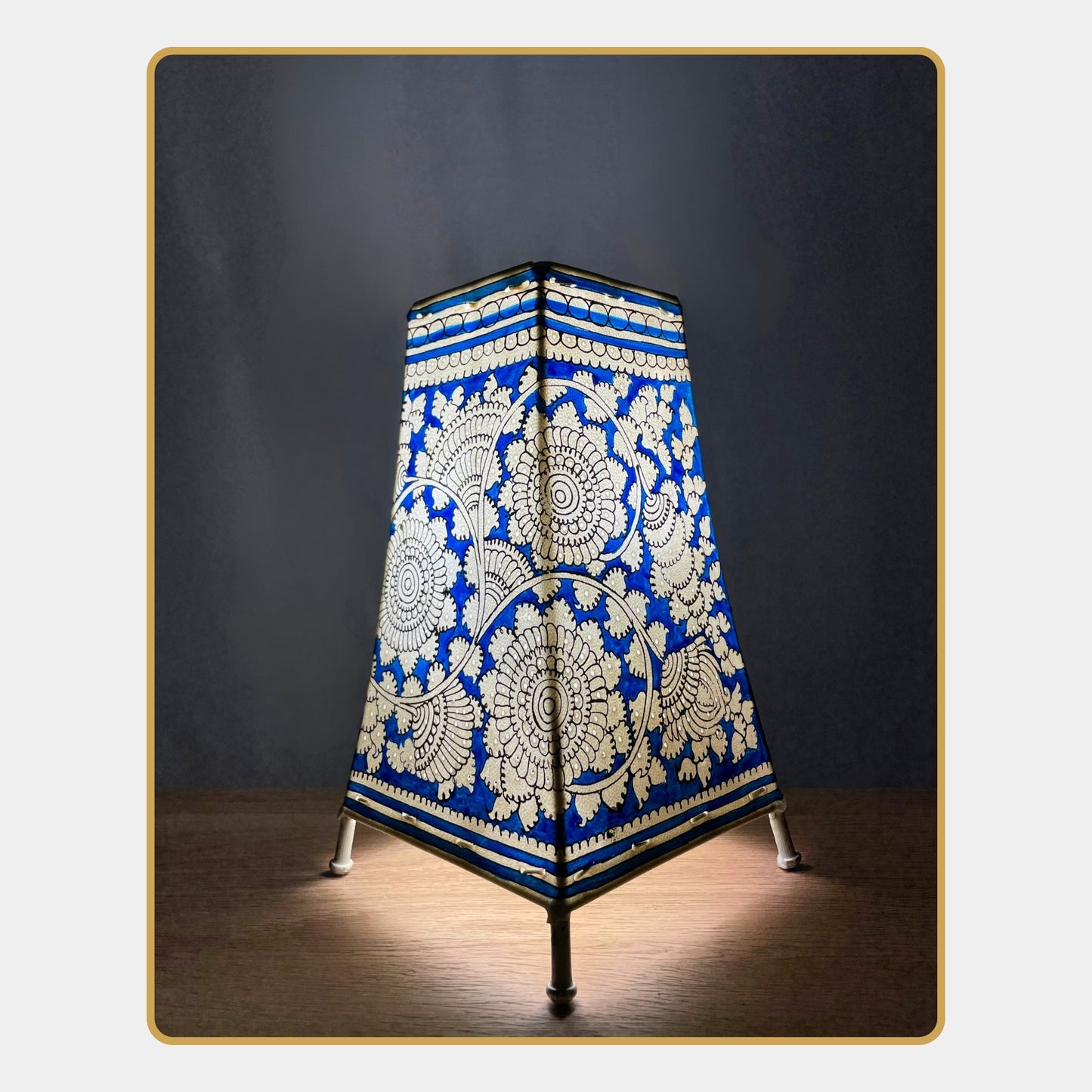 tholu bommalata lamp – blue mandala blooms  (8" - rectangular)